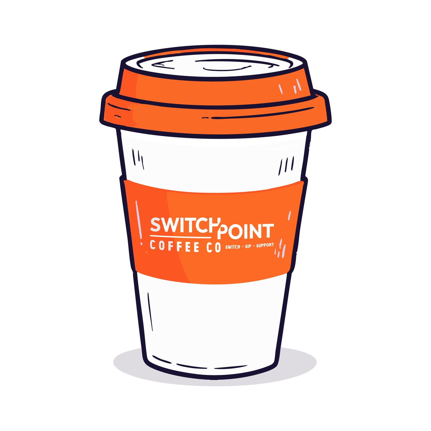 Illustration of a coffee cup with an orange sleeve and lid, featuring 'Switch Point Coffee Co.'