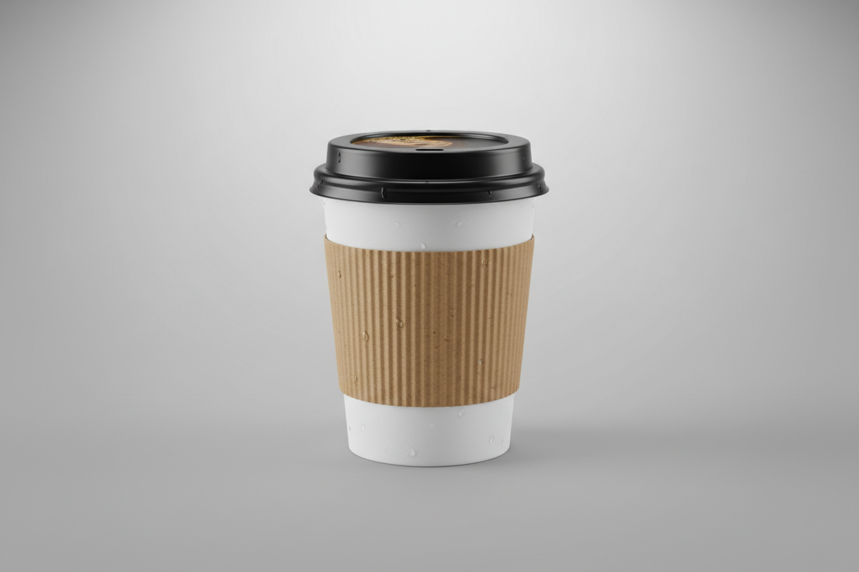 coffee in a white cup black lid kraft brown sleeve. 